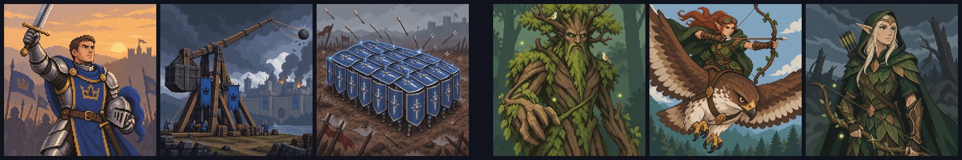 Six cards side by side: on the left, the human army's knight, trebuchet and shield wall; on the right, elven defenders: a walking treant, an archer riding a giant hawk and a hooded ranger