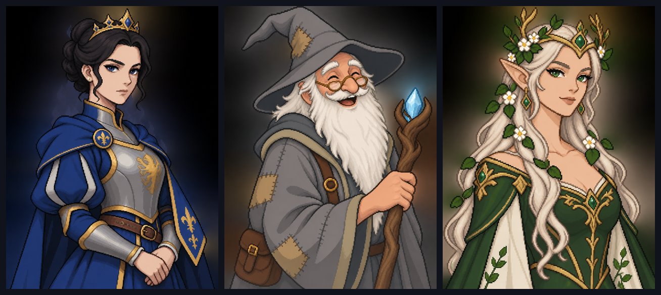 Three character portraits: the Iron Princess in blue and silver armour, Aldric the laughing old mage in a patched grey hat, and Princess Sylvaine of the elves in a green gown with a crown of leaves