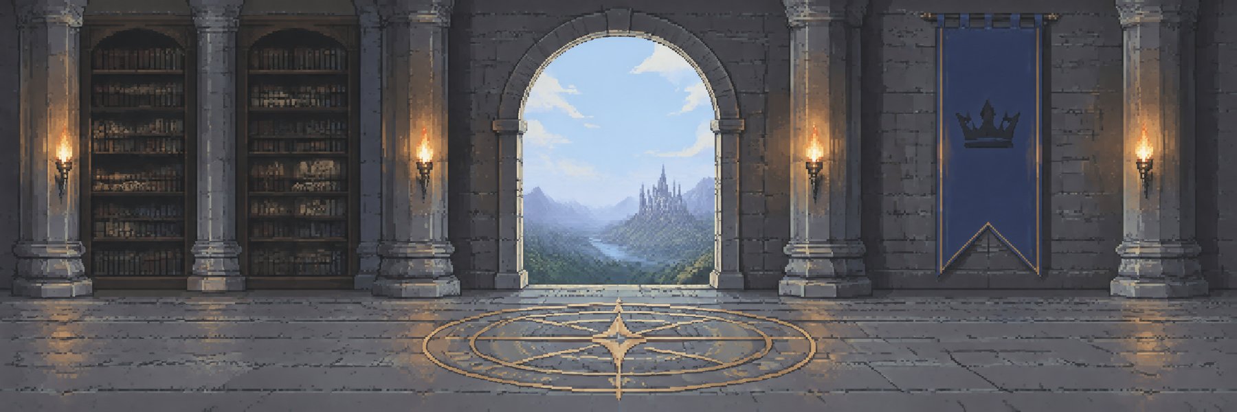 A grand stone hall with torches, bookshelves and a blue crown banner, looking out through an archway at a distant castle