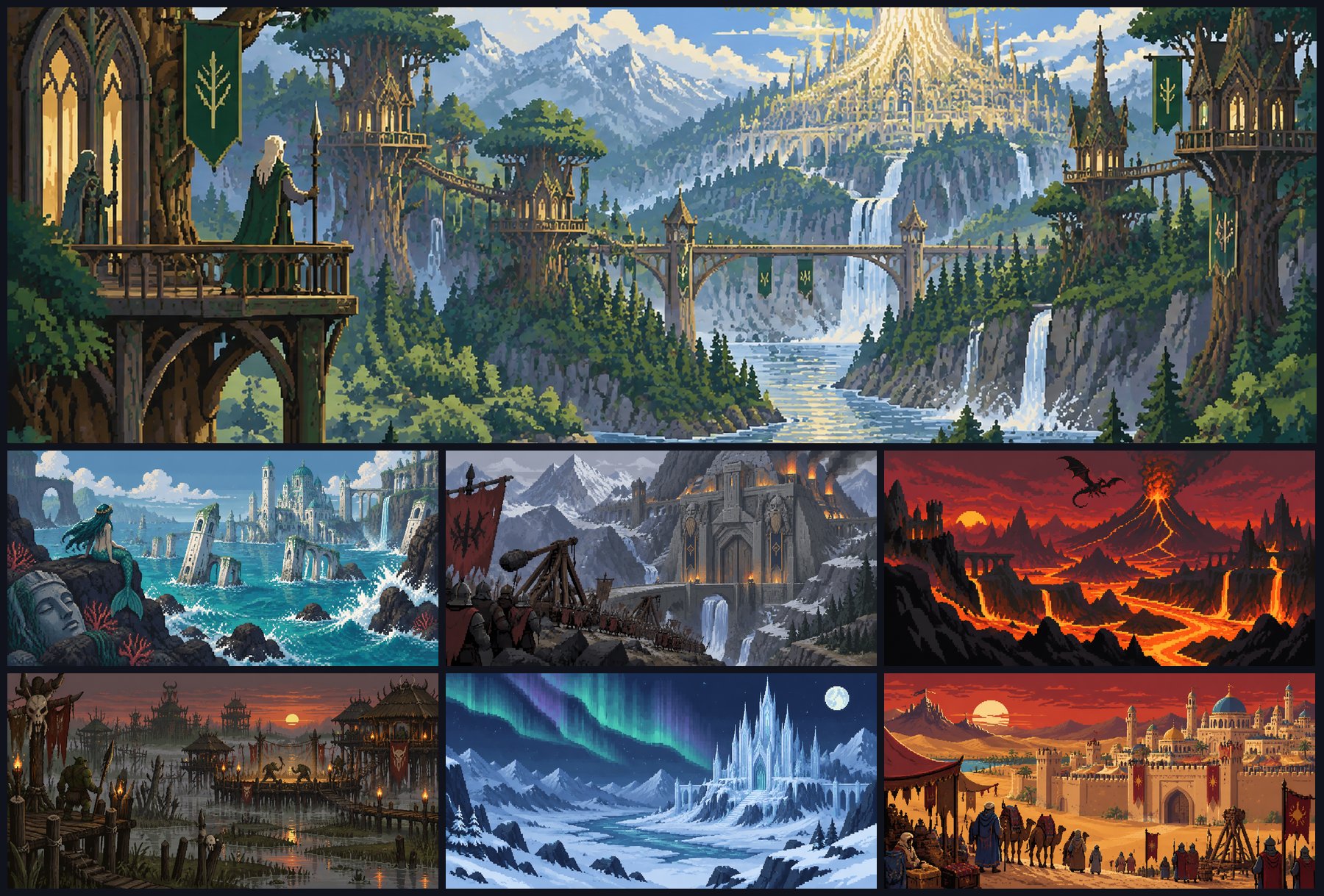 The seven realms: the elven Verdant Grove above, then the Tidal Wave, the Deepforge Mine, the Ember Mountains, Mire Hold, the Winter Court and the Sunscorch Bazaar