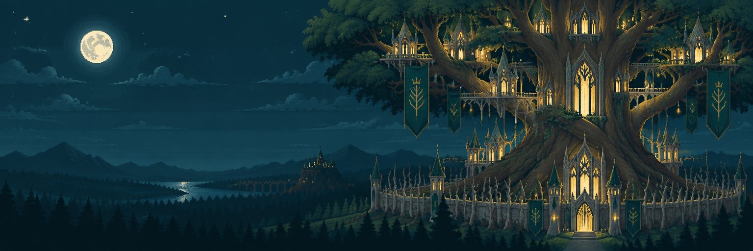 A fortified elven city built into a giant tree at night, with glowing windows, green banners and a wall of wooden spikes under a full moon