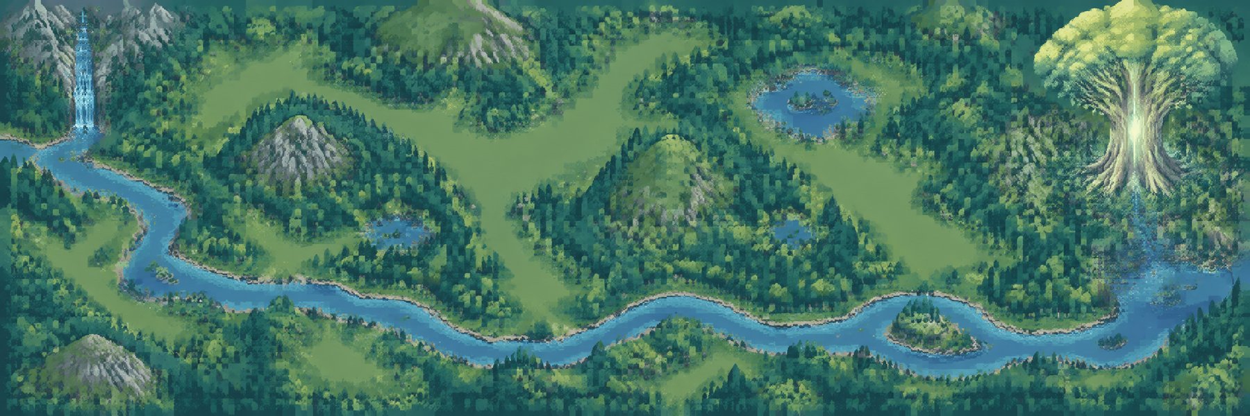 A pixel-art map of a green forest realm, with a river winding past hills and lakes towards a giant glowing tree